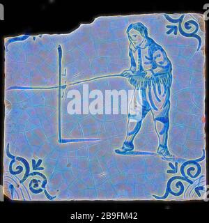 La figure mosaïque, proverbe, bleu avec homme qui jette sur le stand à lattes, "Relever la barre", modèle d'angle Tête Boeuf, carreaux de mur en faïence céramique sculpture mosaïque glaze, au four 2x vitrage peint Banque D'Images