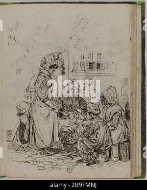 LIVRE D'ESQUISSE POUR 'VOYAGE POUR L'ÉTERNITÉ': SCÈNE DE RUE JJ GRANDVILLE (1803-1847). Carnet de croquis pour 'Voyage pour l'Eternité': scène de rue. Panache et encre brune sur traits au crayon. Vers 1830. Paris, musée Carnavalet. Banque D'Images