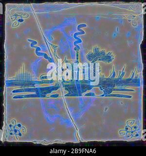 Tuile de scène, bleu avec paysage avec maison avec feu balise, araignée à motif d'angle, tuile murale sculpture céramique céramique poterie glacer, cuit 2 verni peint Bellevue Rotterdam Hillegersberg-Schiebroek Hillegersberg Zuid Kleiweg originaire de l'ancien Huize Bellevue Kleiweg 427 Rotterdam Banque D'Images