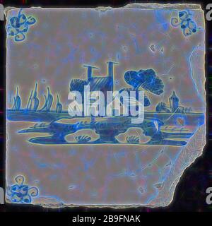 Tuile de scène, bleu avec paysage avec maisons, araignée à motif d'angle, tuile murale sculpture céramique céramique poterie glacer, cuite 2 verni peinte Bellevue Rotterdam Hillegersberg-Schiebroek Hillegersberg Zuid Kleiweg originaire de l'ancien Huize Bellevue Kleiweg 427 Rotterdam Banque D'Images