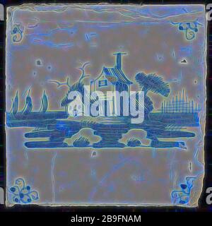 Carrelage de scène, bleu avec paysage avec maisons, araignée à motif d'angle, carrelage mural, carrelage en céramique, faïence glaçante, cuite au four 2 verglas peint Bellevue Rotterdam Hillegersberg-Schiebroek Hillegersberg Zuid Kleiweg originaire de l'ancien Huize Bellevue Kleiweg 427 Rotterdam Banque D'Images