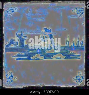 Tuile de scène, bleu avec paysage avec paysan en cours, araignée à motif d'angle, tuile murale sculpture céramique poterie glacer, cuit 2 verni peint Bellevue Rotterdam Hillegersberg-Schiebroek Hillegersberg Zuid Kleiweg originaire de l'ancien Huize Bellevue Kleiweg 427 Rotterdam Banque D'Images