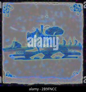 Carrelage de scène, bleu avec paysage avec maisons, araignée à motif d'angle, carrelage mural, carrelage en céramique, faïence glaçante, cuite au four 2 verglas peint Bellevue Rotterdam Hillegersberg-Schiebroek Hillegersberg Zuid Kleiweg originaire de l'ancien Huize Bellevue Kleiweg 427 Rotterdam Banque D'Images