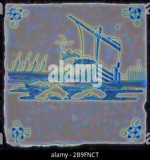 Tuile de scène, bleu avec paysage avec puits avec levier, araignée à motif d'angle, tuile murale sculpture tuile céramique faïence glacer, cuit 2 verni peint Bellevue Rotterdam Hillegersberg-Schiebroek Hillegersberg Zuid Kleiweg originaire de l'ancien Huize Bellevue Kleiweg 427 Rotterdam Banque D'Images