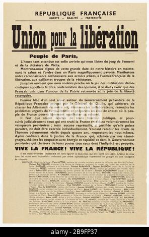 RÉPUBLIQUE FRANÇAISE, liberté- EGALITE- FRATERNITÉ, pour l'émancipation, peuple de Paris, l'heure attendue enfin est arrivée à Guerre 1939-1945. Libération de Paris. Allemane, Appell, Balthazar... Fiche 'Union pour la libération' pour le péuple parisien. Typographie, 1944. Paris, musée Carnavalet. Banque D'Images