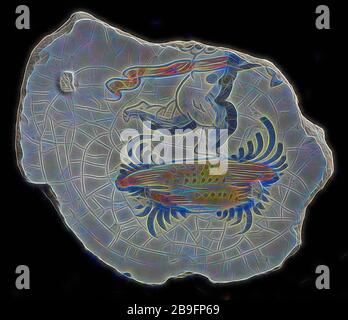 Fragment de l'Assiette de majolique, polychrome, Amor ou Cupidon sur bout de terre flottante, la plaque lave vaisselle poterie céramique trouver sol porteur glaçure, cuite sur le dessous recouvert de plomb glaçure. Archéologie polychromes ornent le service des aliments Banque D'Images