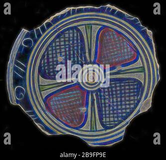 Fragment majolica plat, jaune, orange, vert et bleu sur blanc, décor avec quatre lobed motif floral avec des surfaces ombragées orange et bleu avec des coins verts entre, bordure sgraffito, porte-vaisselle plat terre découverte céramique poterie, total, sgraffito archéologie Rotterdam décorent l'histoire du sol Rotterdam 1940 Banque D'Images