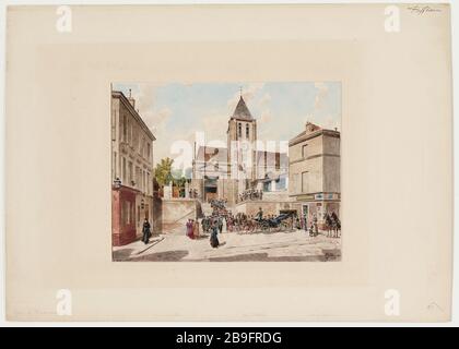 L'église Saint-Germain de Charonne, 4 place Saint-Blaise et 119 rue de Bagnolet; la sortie d'un mariage, 1905 (titre factice) Banque D'Images