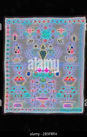 Grand sampler travaillé dans de croix avec différentes couleurs de laine sur toile de coton blanchie grossiers, marquée MJ 1860, l'exercice, à l'aiguille broderie sampler laine coton images de croix broderie textile, grand morceau de tapisserie tissée en coton blanchi grossier surmonté et sous selvedge avec disque tissé rayures beige et jaune et le bord gauche et droit à l'ourlet de 0,6 cm. La pièce est en point de croix brodé avec de la laine aux couleurs rose pâle rose vif rose moyen beige saumon brun foncé beige gris noir blanc rouge orange rouge vert clair vert olive et jaune pâle bleu foncé. Le chiffon a la symétrique Banque D'Images