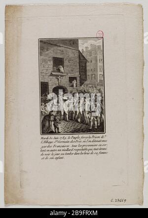 MARDI 30 JUIN 1789, PRISON POUR PERSONNES DE FORCE ABBAYE ST GERMAIN DES PRES. LES GENS LIVRANT LES GARDES FRANÇAIS DÉTENUS EN PRISON ABBAYE St GERMAIN (135 137 ACTUEL ET EMPLACEMENT 166 BOULEVARD SAINT GERMAIN) 'ardi 30 juin 1789, le Peuple force la prison de l'abbaye Saint-Germain des Prés. Le péuple vivant les gardes françaises dès la prison de l'abbaye St Germain (placement des actuels 135,137 et 166 boulevard Saint-Germain)'. Eau-forte, 1789. Paris, musée Carnavalet. Banque D'Images