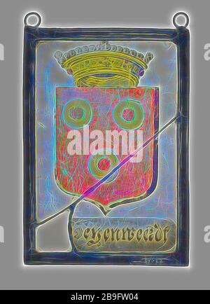 Hanger, fenêtre en verre peint avec de l'arme, Doyenweert glasspainting volet vitrail verre matériau plomb métal peinture, vitraux fenêtre rectangulaire en verre peint pendentifs souillés dans le plomb en haut avec deux anneaux suspendus avec Doyenweert's family crest avec le bouclier en rouge trois bagues d'or 2 et 1 au-dessus de la couronne avec Deyenweerdt ; en haut à droite avec stylo blanc : 29 Doeyenweerdt héraldique armoiries de la famille Banque D'Images