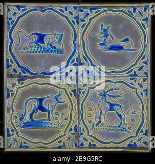 Champ d'épuration carrés, quatre tuiles, décor d'animaux, bleu sur blanc, félins, deux vaches et des cerfs, en accolade, motif d'angle de champ, carreaux de mur en faïence céramique sculpture mosaïque glaze tin vitrage, vitrage peint au four 2x Banque D'Images