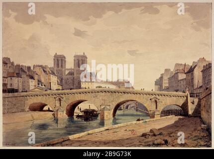 Le vieux pont Saint-Michel en 1850 Louis-Martial-Théodat Masson (1827-?). Le vieux pont Saint-Michel en 1850. Paris (VIème arr.), 1850. Aquarelle. Paris, musée Carnavalet. Banque D'Images