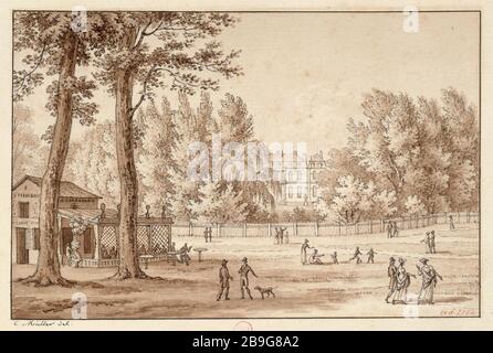 CHARLES MULLER - CAFÉ de l'ORANGERIE, VUE SUR LES JARDINS de l'ELYSEE Charles Muller « café de l'Orangerie (vue sur les jardins de l'Elysée) ». Dessert (D 02104). Paris, musée Carnavalet. Banque D'Images