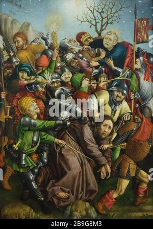 Tableau de bord "arrestation de Jésus" par le Maître de la Passion de Karlsruhe (1450-1455) exposé dans le Staatliche Kunsthalle Karlsruhe (State Art Gallery) à Karlsruhe, Bade-Wurtemberg, Allemagne. Banque D'Images