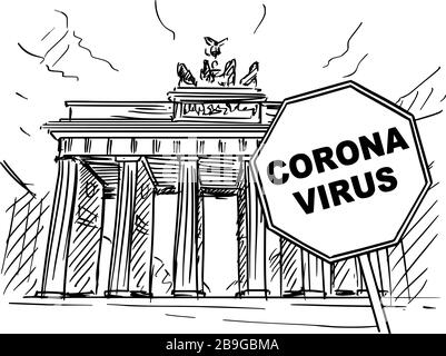 Illustration approximative de la caricature vectorielle de l'Allemagne, Berlin, porte de Brandebourg et signe d'avertissement de l'épidémie de virus de Coronavirus covid-19. Illustration de Vecteur