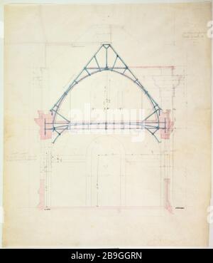 Le détail des fonds de cadre se joignant au grand escalier et couvrant la salle de la bibliothèque; National Archives Building Anonyme. Queue de charpente du comble joyant le grand escalier et couturier la salle destin à la bibliothèque ; bâtiment des Archives nationales. Panache, crayon, lavis rose et bleu sur calcaire. Paris, musée Carnavalet. Banque D'Images