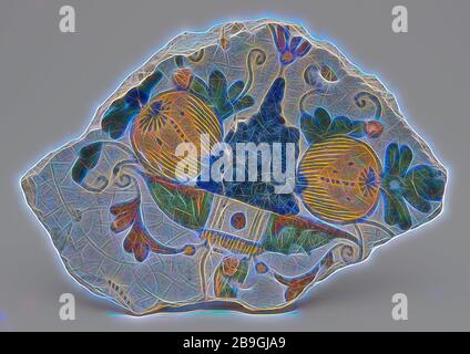 Âme collée de plat de majolica avec bol de fruits polychrome, plaque murale support vaisselle sol trouver céramique faïence glacer plomb glacer vitrage étain, bague 11.3 majolica glacé cuit cuit 2 fragments de miroir peint. En. Trou de suspension dans le support. Un éclat jaune d'orange s'est superposé dans l'anneau du support. Arrière-côté pâle verdâtre teinté plomb glacer archéologie Rotterdam centre ville Stadsdriehoek Bulgersteyn décorer maison intérieur servant Schielandshuis servir la découverte de la nourriture du sol: Schielandshuis sous le bâtiment gauche en face Bulgersteyn Banque D'Images