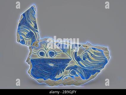 Fragment de plat en majolique collés avec arme dans un plat bleu, le plateau de la carte de la plaque en céramique faïence sol trouver tin glaze glaçure plombifère glaze, au four 2x vitrage peint des fragments de lave majolique représentant le Blason en bleu sur fond blanc. En diagonale Scutcheon divisé en deux plans l'un l'autre blanc bleu clair dans lequel peint : une corne de boeuf ou boeuf jaune tête Stand tesson cuit bague émaillée blanc dessous probablement mélange de plomb et de glacis reste tinglazuur Stadsdriehoek Rotterdam City Centre d'archéologie héraldique Schielandshuis faïence autochtones servir servir des aliments décorer table, Schielandshuis 198 Banque D'Images