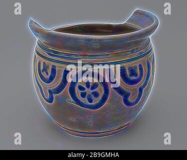 Facilité d'utilisation de grès ou pot de chambre avec deux oreilles, liseré bleu, estampillé rosettes, porte-pot en grès céramique sanitaire trouver sol sel glaze glaçure, tourné à la main en grès cuits émaillés estampillé gris pot de chambre avec du sel d'échardes profil glaze anneaux autour de l'encolure et le bas de la ligne d'importation de l'archéologie les drains en poterie nuit hygiène des chambres Banque D'Images