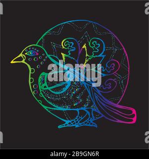 Couleur néon illustration d'un oiseau en profil avec fond d'un mandala ornementale. Planète Saturne sur l'aile. Illustration de Vecteur