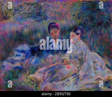 Pierre-Auguste Renoir : sur l'herbe (jeunes femmes assises dans l'herbe), Pierre-Auguste Renoir, ch. 1873, huile en toile, deux femmes portant des robes à la mode se détendent dans l'herbe; une, semble-t-il, vient de choisir un groupe de fleurs. Il est difficile de savoir si la scène se déroule dans un jardin parisien, peut-être privé, surcultivé, ou si les femmes se trouvent dans la campagne, quelque part en dehors de la ville. Ce qui est clair, c'est que Renoir ici a peint en plein air, apportant sa toile pour travailler directement avant son sujet. Notez à quel point il est attentif aux changements de vitesse de la nat Banque D'Images