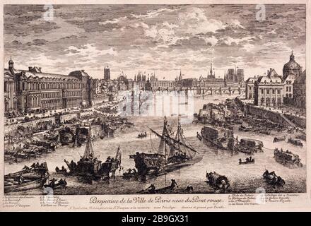 PERSPECTIVE DE LA VILLE DE PARIS, POUR LE PONT ROUGE ADAM PERELLE (1640-1695). 'Perspective de la ville de Paris, vue du Pont Rouge'. Eau-forte, vers 1660. Paris, musée Carnavalet. Banque D'Images