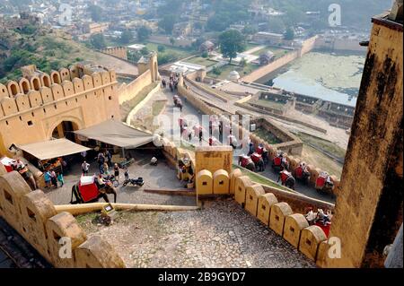 Jaipur, Inde - 11 Novembre 2019:éléphants allant vers le haut et vers le bas au fort Amber Banque D'Images
