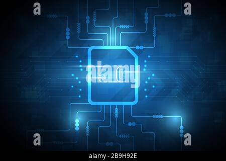 Fond technologique abstrait avec carte sim 5 G , motif de circuit et effet brillant sur fond bleu foncé. Illustration de Vecteur