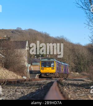 Ancien train Northern Rail classe 142 pacer trains 142060 + 142028 à Redmire, chemin de fer Wensleydale le premier jour de leur course en préservation Banque D'Images