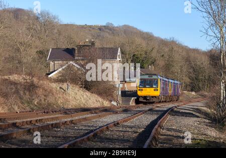 Ancien train Northern Rail classe 142 pacer trains 142060 + 142028 à Redmire, chemin de fer Wensleydale le premier jour de leur course en préservation Banque D'Images