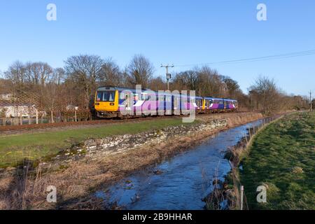 Anciens trains de classe 142 paper Northern Rail 142028 + 142060 en passant Leyburn sur le chemin de fer de Wensleydale lors de leur première journée de course en préservation Banque D'Images