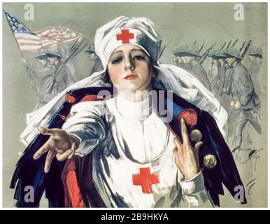 Affiche américaine de recrutement des infirmières de la première Guerre mondiale, infirmière de la Croix-Rouge, 1917-1918 Banque D'Images