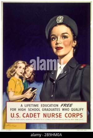 Affiche américaine sur le recrutement des infirmières de la deuxième Guerre mondiale, US Cadet Nurse corps, 1941-1945 Banque D'Images