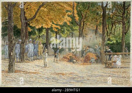 LIEU DES ÉCOLES ET PLACE DU CONSEIL MUNICIPAL DU DISTRICT XIV - MUNITIONS 'place des Ecoles et place de la mairie du XIVème arrondissement - des munitions, septembre 1916'. Dessert de Félix Brard. Paris, musée Carnavalet. Banque D'Images