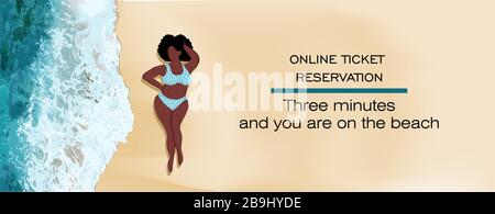 réservation et achat de billets en ligne. SERVICE EN LIGNE DE SERVICES TOURISTIQUES. Voyage. Femme noire dans un maillot de bain. Illustration de Vecteur