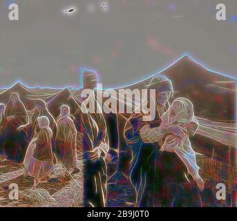 Types TRANS-Jordan. Mère bédouine et bébé ailé ; [femmes bédouines et enfants devant la tente; moulin à vent en arrière-plan]. 1898, Jordanie Banque D'Images