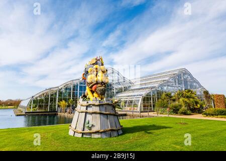 Sculpture inhabituelle de l'artiste Philip Haas : une tête en retrait d'une collection de fruits, exposée par la Glasshouse dans le jardin RHS, Wisley, Surrey Banque D'Images