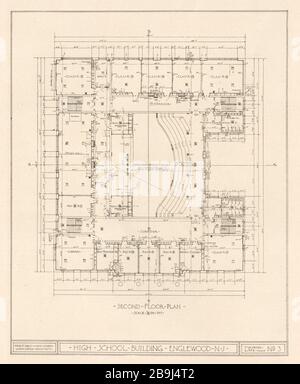 High School Building, Englewood, New Jersey. plan au 2ème étage. Date de dessin 20-15 août, Nr 3, Ernest Sibley et John J. Ferry, associés Architectes (1919) Banque D'Images