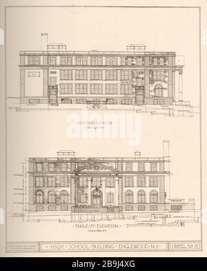 High School Building, Englewood, New Jersey. Élévations de North & Engle Street. Dessin no 8, Ernest Sibley et John J. Ferry, associés Architectes (1919) Banque D'Images