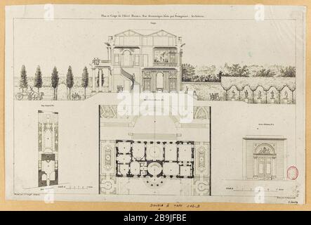 Carte Cup et la rue Monaco (St) Dominique, construite par Brongniart, architecte Nicolas Ransonnette (1793-1877) et Jean-Charles Krafft (1764-1833). 'Plan et coupe de l'Hôtel Monaco, rue (Saint) Dominique, bâtiment par Brongniart, architecture'. Eau-forte. Publié à partir de 1801. Paris, musée Carnavalet. Banque D'Images