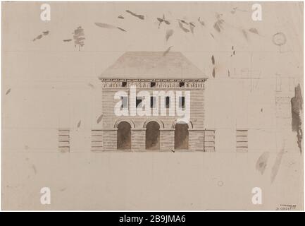Barrière d'Enfer: Pavillon surélevé. (Avant). Charles Rohault de Fleury (1801-1875). Atlas national de la Ville de Paris. Barrière d'Enfer : élévatation d'un pavillon. (recto). Gris crayon et lavis. XIXème siècle. Paris, musée Carnavalet. Banque D'Images