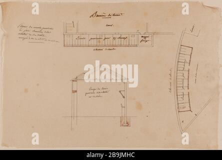 La barrière du trône planifie et réduit avec des fondations des écuries temporaires pour les barrières du trône et Villette. Charles Rohault de Fleury (1801-1875). Atlas national de la Ville de Paris. Barrière du cône : plans et coupé avec fondations des écuries provisoires pour les barrières du cône et de la Villette. Panache, Acres Noire et rouge sur papier calcaire. XIXème siècle. Paris, musée Carnavalet. Banque D'Images