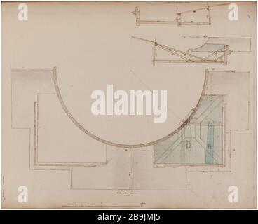 Barriere Saint-Martin: Carte et deux coupes. Charles Rohault de Fleury (1801-1875). Atlas national de la Ville de Paris. Barrière Saint-Martin : plan et deux coupes. Panache, Acres Noire, brune et rouge, lavis gris, bleu et brun. XIXème siècle. Paris, musée Carnavalet. Banque D'Images