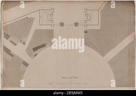 Barrière générale du trône. Charles Rohault de Fleury (1801-1875). Atlas national de la Ville de Paris. Barrière du cône : plan général. Panache et encre noir, rose lavis, vert, gris et brun. XIXème siècle. Paris, musée Carnavalet. Banque D'Images
