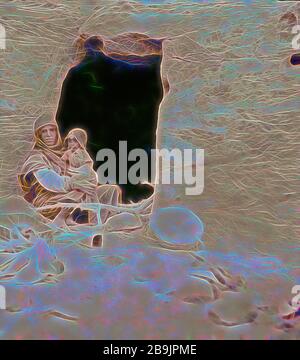 Types de pététra, etc. Bdul troglodyte Arabes. Mère et bébé avant leur maison de caverne dans la vallée de l'ed-Der. 1920, Jordanie, Petra (ville éteinte Banque D'Images