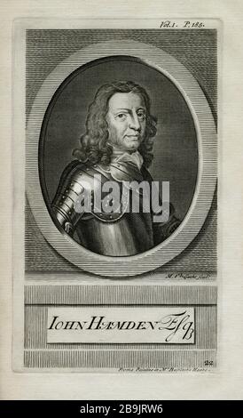 John Hampden (1595-1643), député du Parlement anglais avant et pendant la guerre civile anglaise. Hampden a contesté l'autorité du roi Charles I et a été jugé en 1637 pour avoir refusé de payer l'argent des navires, une taxe initialement prélevée sur les zones côtières en temps de guerre que le roi a tenté d'étendre aux comtés intérieurs alors que le pays était en paix. Gravure créée en 1700s par le graveur flamand Michael van der Gucht (1660-1725). Banque D'Images