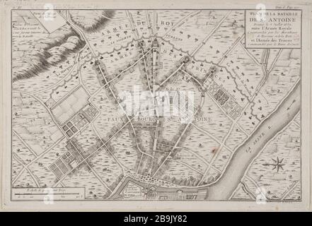 Carte de la bataille de St Antoine donnée le 5 juillet, 1652 entre l'armée royale commandée par les Marshaux de Turenne et la Ferte et l'armée des princes commandée par le prince du Condé Plan de la bataille de St Antoine donné le 5 juillet 1652 entrée de l'armée Royale commandée par les Maréchaux de Turenne et de la Ferté et l'armée des Princes commandée par le Prince de Condé. Eau-forte. Paris, musée Carnavalet. Banque D'Images