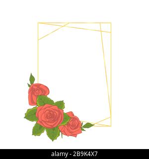 Cadre rectangulaire doré avec bouquets de fleurs roses roses dessinés à la main. Modèle de carte de vœux. Illustration vectorielle Illustration de Vecteur
