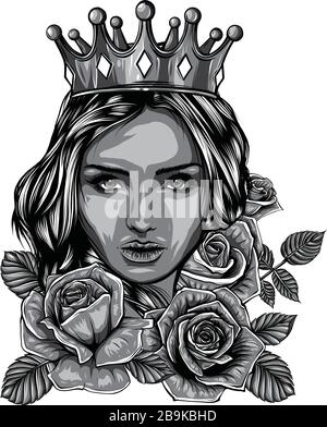 Tatouage monochromatique et t-shirt pour femme Magic. Symbole d'un rétro, d'une reine, d'une princesse, d'une dame. Illustration de Vecteur